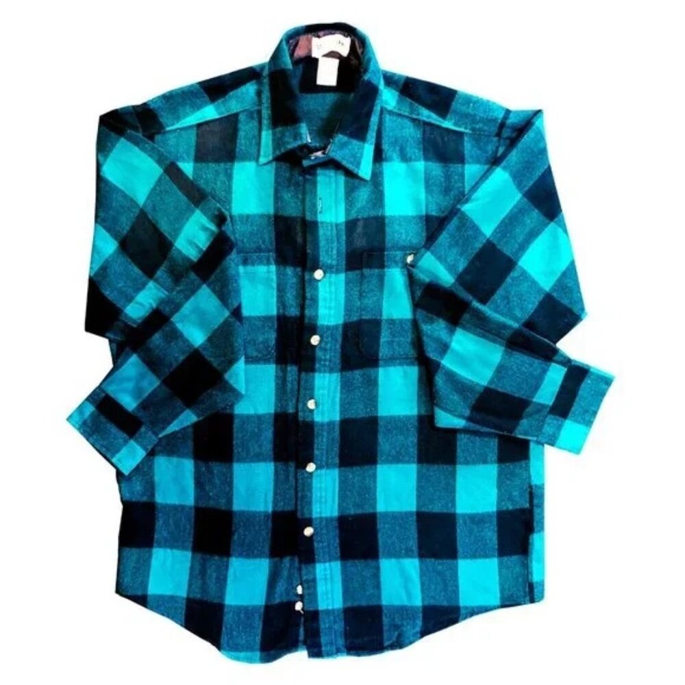 Vintage Aqua Plaid Flannel Button Up Shirt Medium Windbridge
